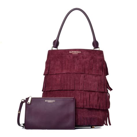 BURBERRY Prorsum Suede Fringe Bucket Bag Elderberry